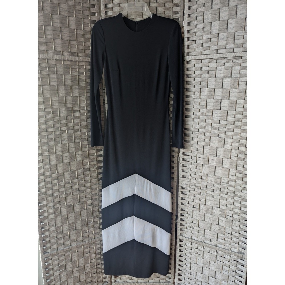 Vtg Jessica McClintock Maxi‎ Dress Black White Chevron Long Sleeve Sz 8 Chic EUC